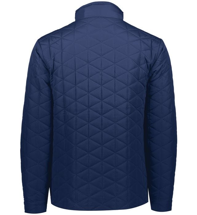 Back view of the EMB Augusta USA Rugby Original Repreve Jacket in navy, featuring long sleeves, a stand collar, and diamond quilted stitching.