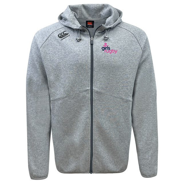 The Girls Rugby Tempo Vapodri Full-Zip Hoodie by EMB Canterbury features "girls rugby" in pink and purple on light grey, a black CCC logo on the shoulder, and moisture-wicking VapoDri fabric for comfort.