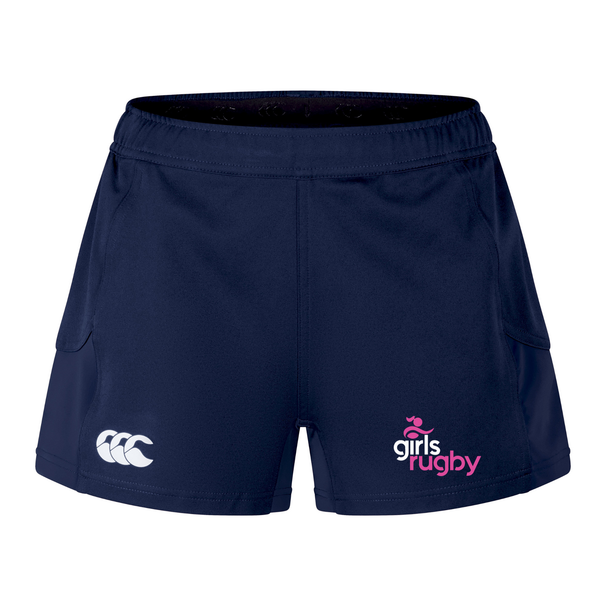Navy Girls Rugby Women's Advantage Short 2.0 by EMB Canterbury, featuring "girls rugby" and Canterbury logos on the front.