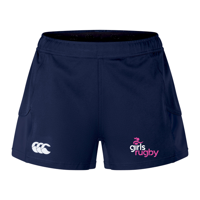 Navy Girls Rugby Women's Advantage Short 2.0 by EMB Canterbury, featuring "girls rugby" and Canterbury logos on the front.