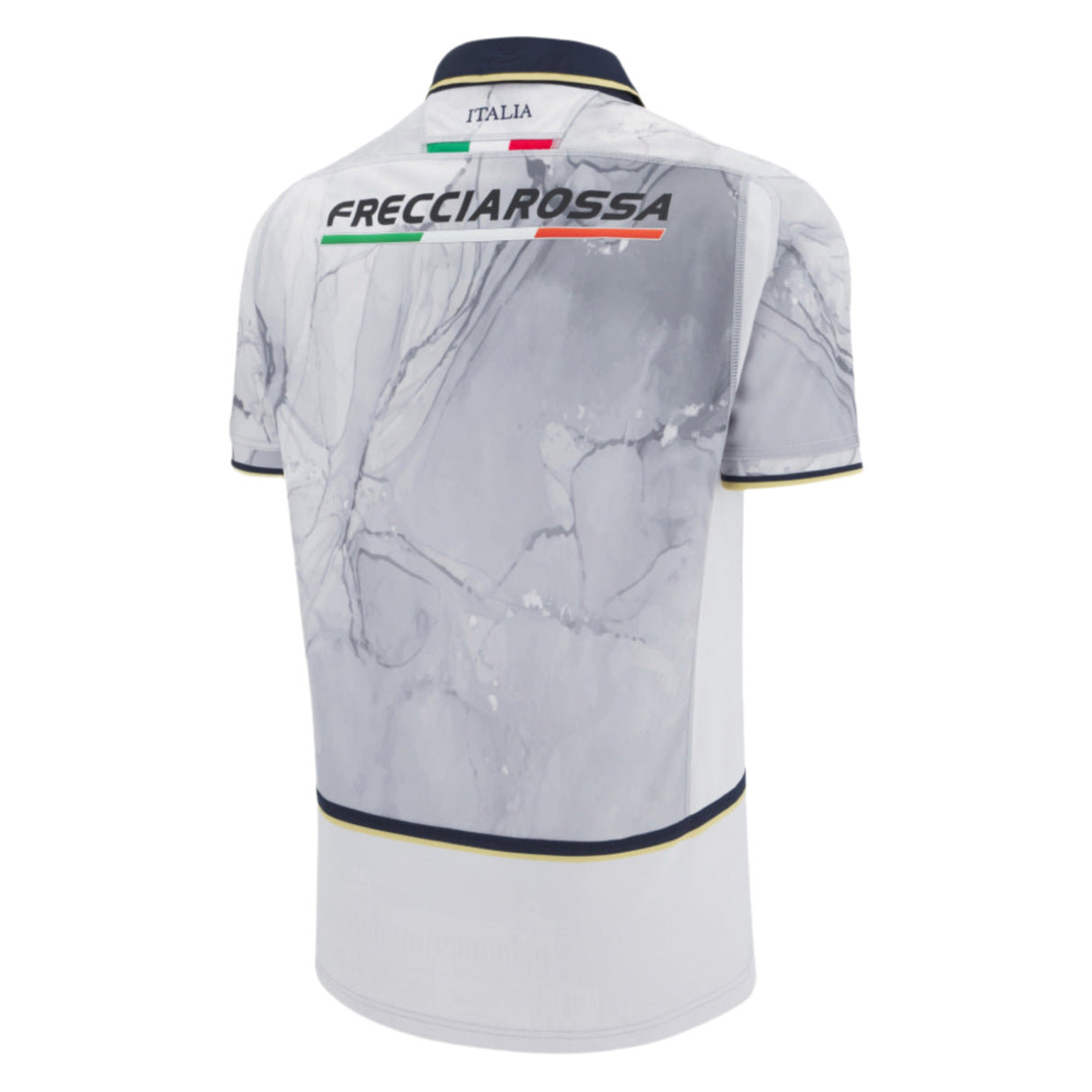 Back of the Italy 25/26 Replica Away Jersey by Macron shows a gray marble pattern, "FRECCIAROSSA" text, Italy flag accents on the upper back, and "ITALIA" on the collar; official 2025/26 Italy Rugby replica shirt.
