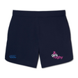 The Girls Rugby Women's Elite Woven Short by EMB Canterbury features navy blue fabric, "girls rugby" in pink and white on the right leg, a blue Canterbury logo on the left, and zippered pockets—ideal for training.
