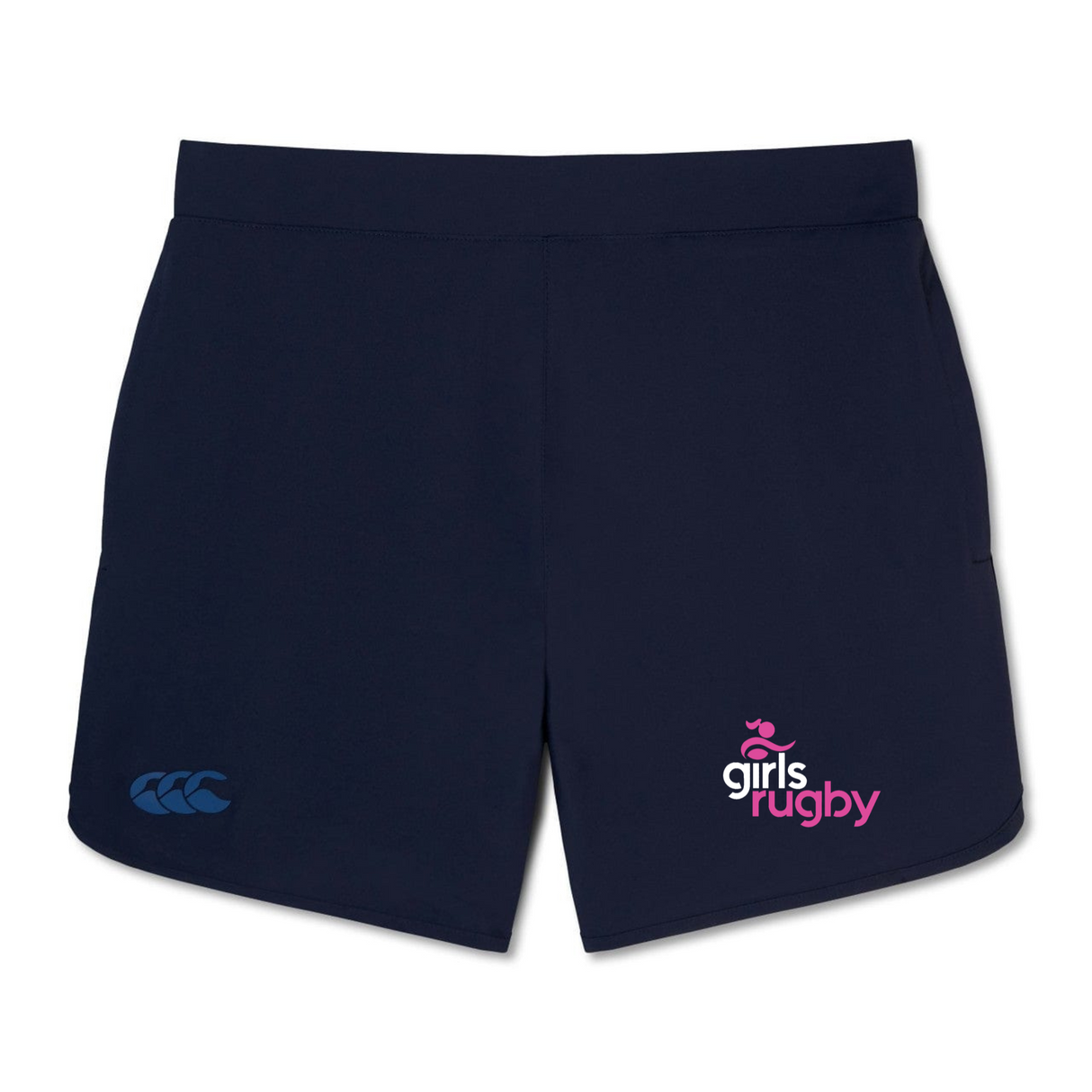 The Girls Rugby Women's Elite Woven Short by EMB Canterbury features navy blue fabric, "girls rugby" in pink and white on the right leg, a blue Canterbury logo on the left, and zippered pockets—ideal for training.