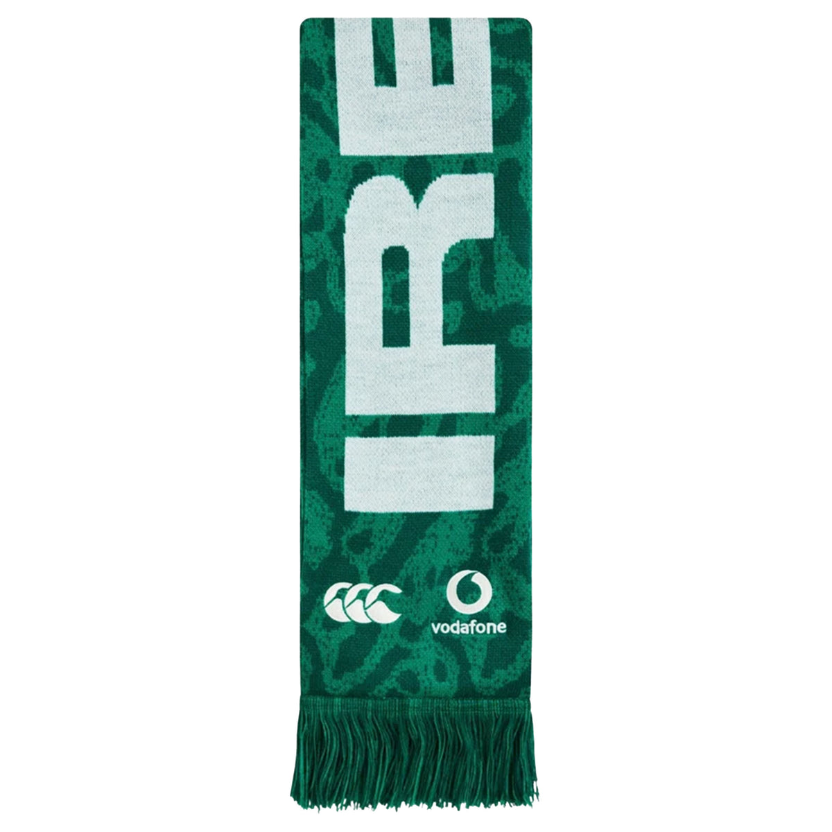 Show your support with the Ireland 25/26 Scarf by Canterbury. Featuring bold green and white colors, large partial “IRE” text, two logos at the bottom, and green fringe tassels on each end, this official Canterbury scarf is the perfect accessory for any fan.