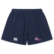 The Girls Rugby Yokohama Short by EMB Canterbury features navy blue fabric, an elastic waistband, the Canterbury rugby logo on the left leg, and a "girls rugby" logo on the right leg.