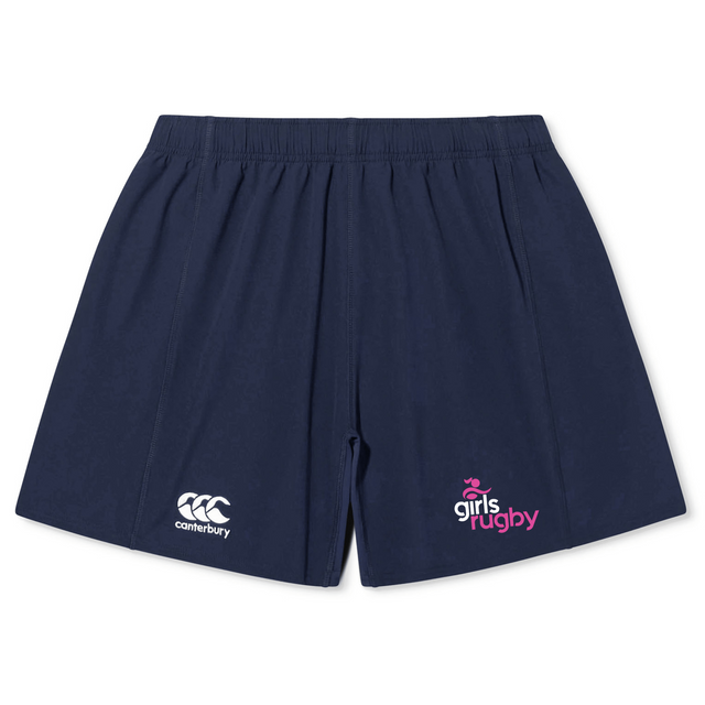 The Girls Rugby Yokohama Short by EMB Canterbury features navy blue fabric, an elastic waistband, the Canterbury rugby logo on the left leg, and a "girls rugby" logo on the right leg.