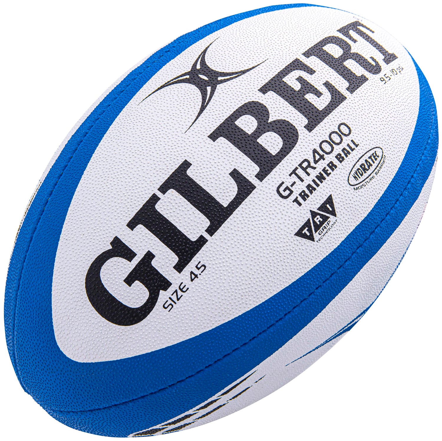 A blue and white Gilbert G-TR4000 Training Ball with grip technology and specifications printed on the surface.