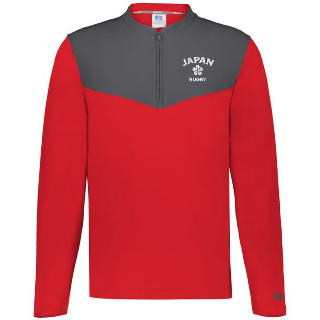 The EMB Augusta Nations of Rugby Japan Sideline Grid 1/4 Zip Pullover features red and gray long sleeves, a quarter-zip collar, and "JAPAN RUGBY" with a cherry blossom emblem printed on the left chest.
