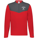 The EMB Augusta Nations of Rugby Japan Sideline Grid 1/4 Zip Pullover features red and gray long sleeves, a quarter-zip collar, and "JAPAN RUGBY" with a cherry blossom emblem printed on the left chest.