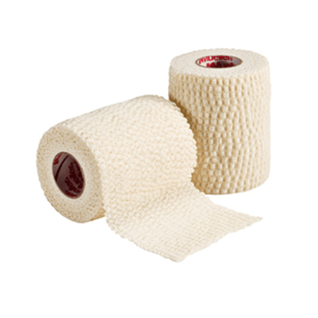 Two beige textured adhesive bandage rolls, one standing upright and the other lying down with the bandage partially unrolled, perfect for rugby joint protection. Introducing Lineout Tape: Mueller EAB Tear-Light Tape Case - 16 rolls by Mueller.