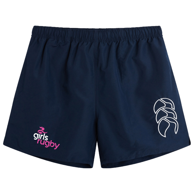 The Girls Rugby Tactic Short by EMB Canterbury features a navy blue design, elastic waistband, white logo on the right leg, and "girls rugby" text in pink and white on the left leg.