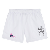 The Girls Rugby Tactic Short by EMB Canterbury features an elastic waistband, pink and purple "girls rugby" logo on the left leg, and a black abstract logo on the right. Inspired by Canterbury shorts for comfortable training.