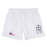 The Girls Rugby Tactic Short by EMB Canterbury features an elastic waistband, pink and purple "girls rugby" logo on the left leg, and a black abstract logo on the right. Inspired by Canterbury shorts for comfortable training.