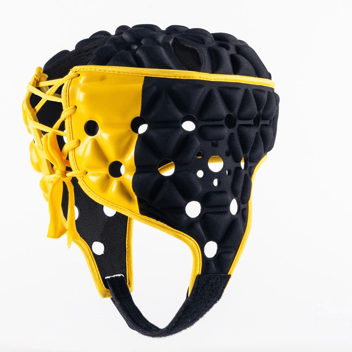 The Gilbert Limited Edition Air Headguard by Gilbert is a padded, two-tone yellow and black rugby headgear featuring multiple circular ventilation holes, side laces, and excellent shock absorption.