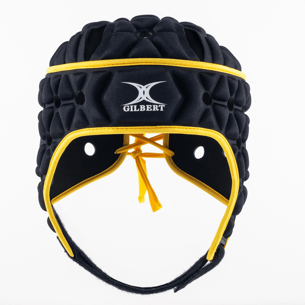 The Gilbert Limited Edition Air Headguard is a black padded rugby scrum cap with yellow accents and the brand name "Gilbert" on the front, offering superior shock absorption.