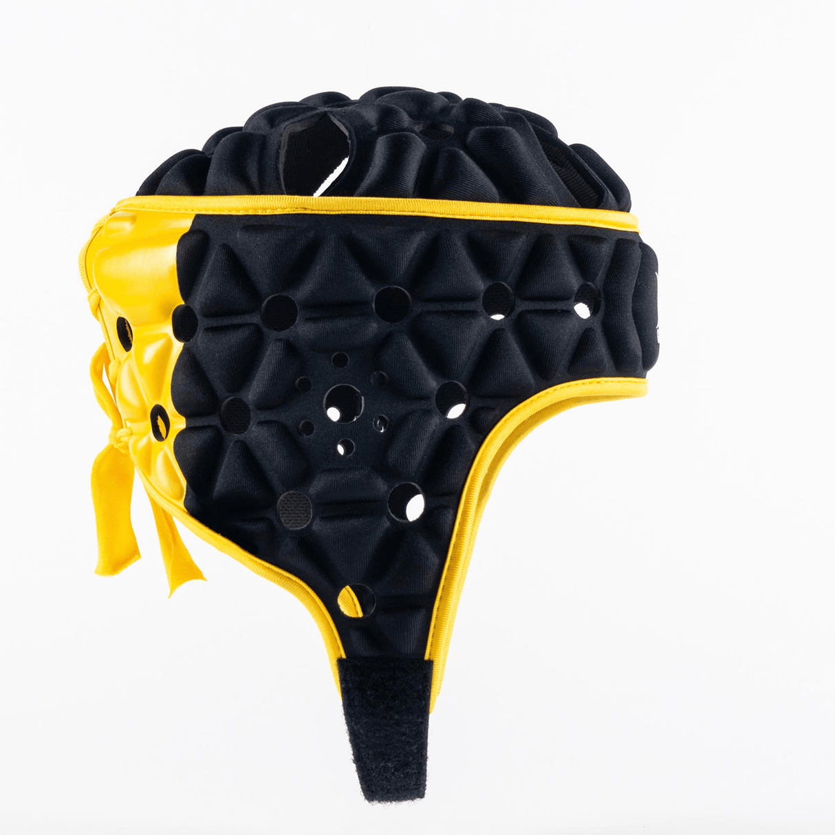 The Gilbert Limited Edition Air Headguard is a black and yellow padded sports helmet designed with circular ventilation holes and an adjustable strap for optimal fit. Ideal for rugby headgear, it offers exceptional shock absorption, ensuring both comfort and protection during intense play.