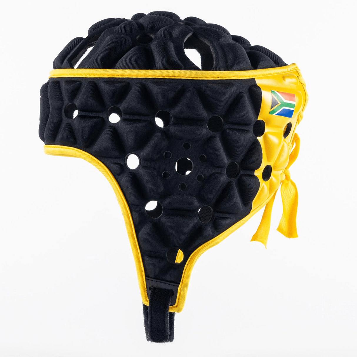 The **Gilbert Limited Edition Cheslin Kolbe Air Headguard** is a black and yellow padded headgear, featuring a South African flag on the side, multiple ventilation holes, and exceptional shock absorption.