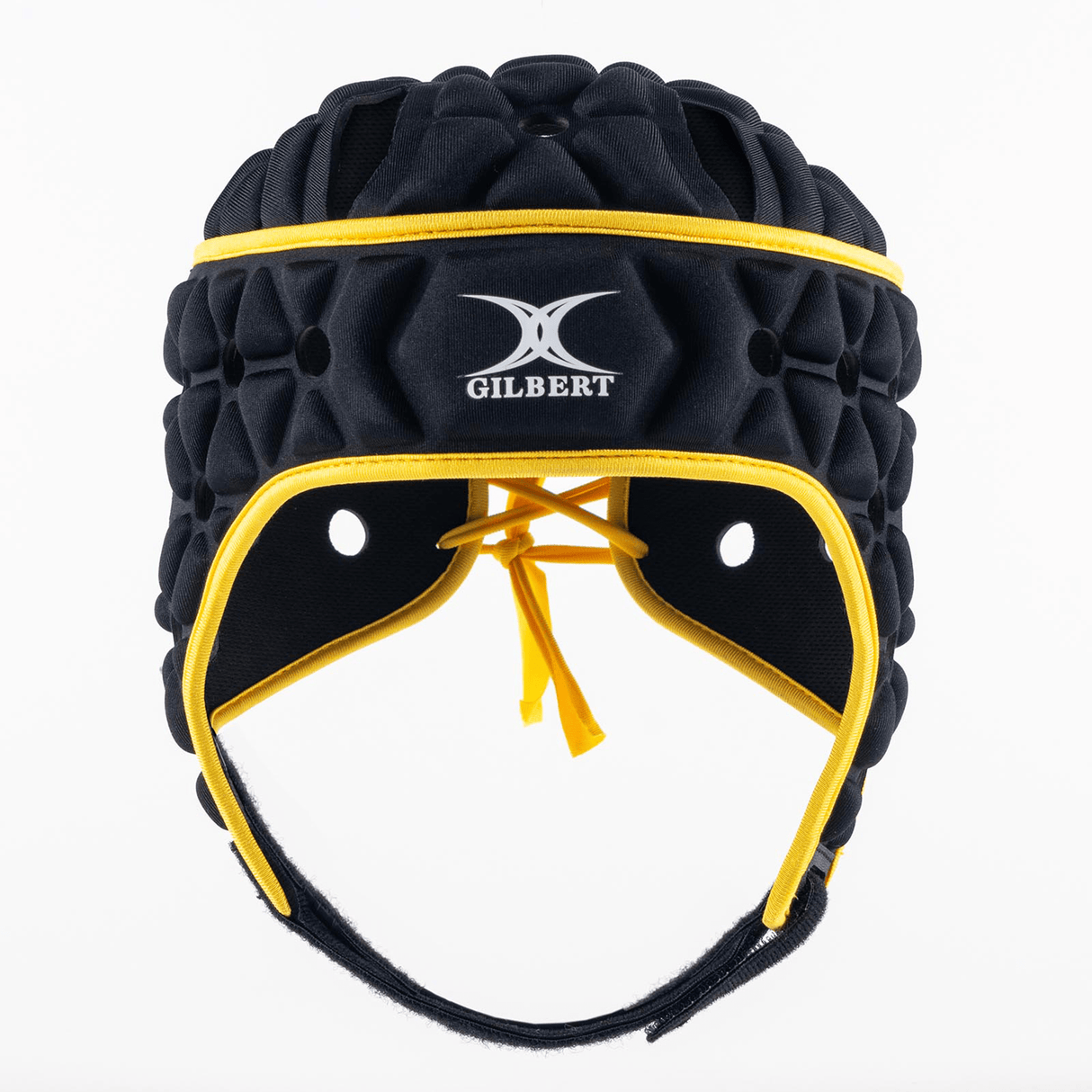 Introducing the Gilbert Limited Edition Cheslin Kolbe Air Headguard: a black and yellow rugby scrum cap with an open-face design, featuring adjustable laces at the back and Gilbert's lightweight headguard technology for optimal shock absorption.