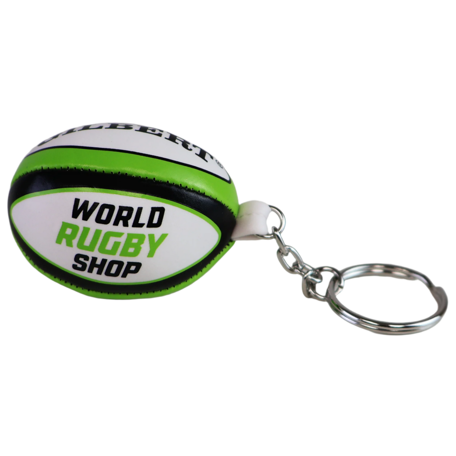 The World Rugby Shop Ball Keyring by Gilbert is a small keyring featuring green, white, and black colors with "World Rugby Shop" printed on it, placed on a white surface.