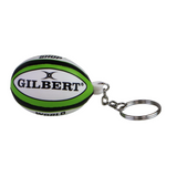 The World Rugby Shop Ball Keyring by Gilbert is a mini rugby ball keychain in green, black, and white—a perfect Gilbert accessory shown on a white surface.