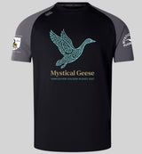 The Mystical Geese Elite Training Tee by Canterbury from WRS Canterbury features a black and gray rugby jersey design with a stylized goose graphic, “Mystical Geese,” and “Vancouver Golden Oldies 2027” on the front, plus sleeve patches. Made from Vapodri fabrics for superior comfort, this lightweight and durable tee is ideal for both fans and players of the Mystical Geese Elite Training Tee collection.