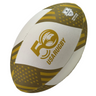The Gilbert Limited Edition USA Rugby 50th Anniversary Supporters Ball combines white and gold colors, an embossed official insignia, the anniversary logo, and American flag patterns—an ideal collectible for any rugby fan.