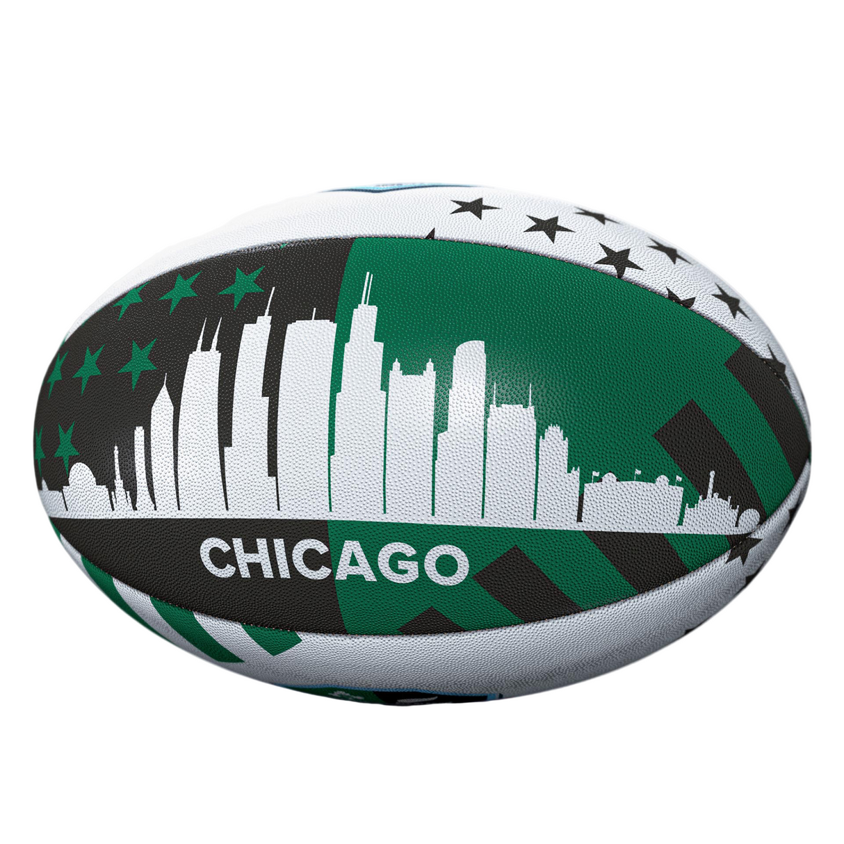 The Ireland v All Blacks Chicago 2025 Supporters Ball by Gilbert features a green, black, and white Chicago skyline with stars and "CHICAGO"—a perfect keepsake for rugby fans.
