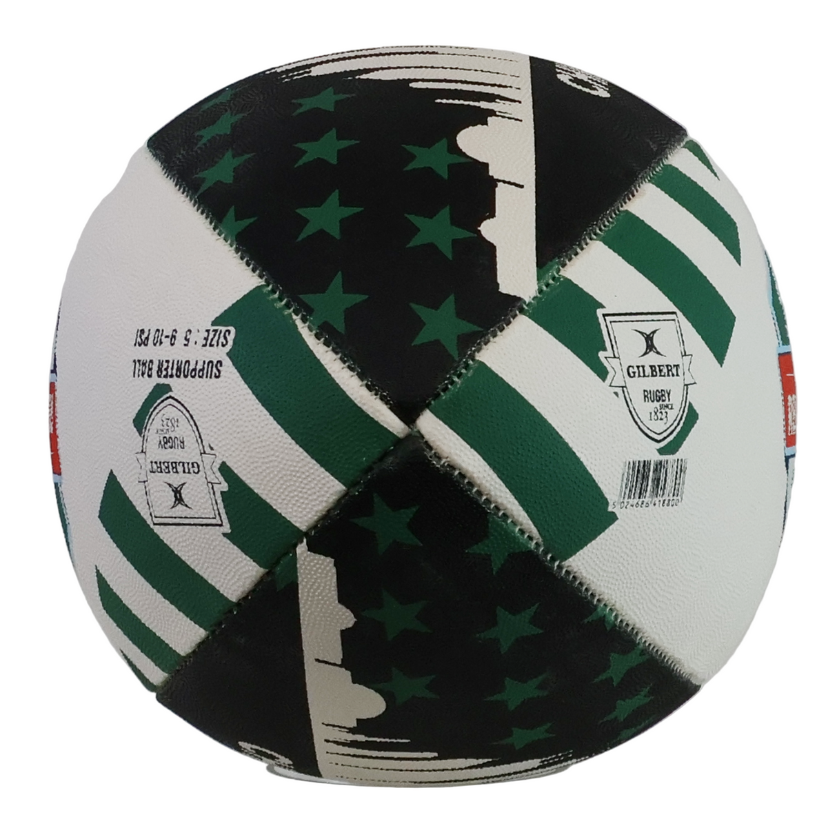The Ireland v All Blacks Chicago 2025 Supporters Ball by Gilbert features green stars and stripes on a black and white background—a perfect collectible for rugby fans and a must-have for commemorating this iconic match.