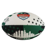 The Ireland v All Blacks Chicago 2025 Supporters Ball by Gilbert features the Chicago skyline, green and black star designs, and a commemorative badge for "Ireland v All Blacks Chicago 2025: The Rematch.