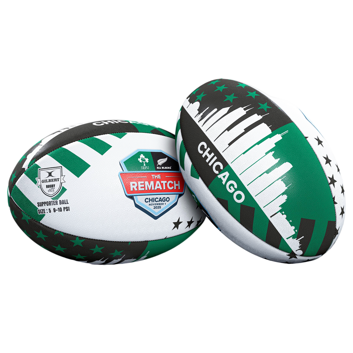 Show your support for the epic Ireland v All Blacks Chicago 2025 clash with the Gilbert Ireland v All Blacks Chicago 2025 Supporters Ball, featuring green, black, and white colors and striking city skyline graphics.
