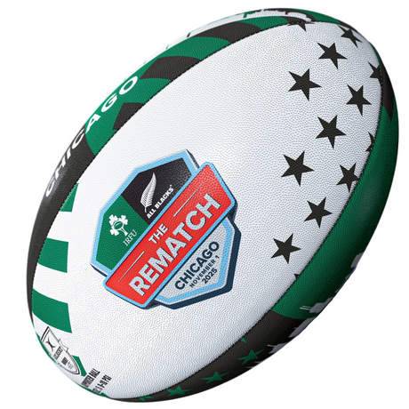 The Gilbert Ireland v All Blacks Chicago 2025 Supporters Ball features green, black, and white star patterns with IRFU and All Blacks emblems—celebrating the Chicago 2025 clash.