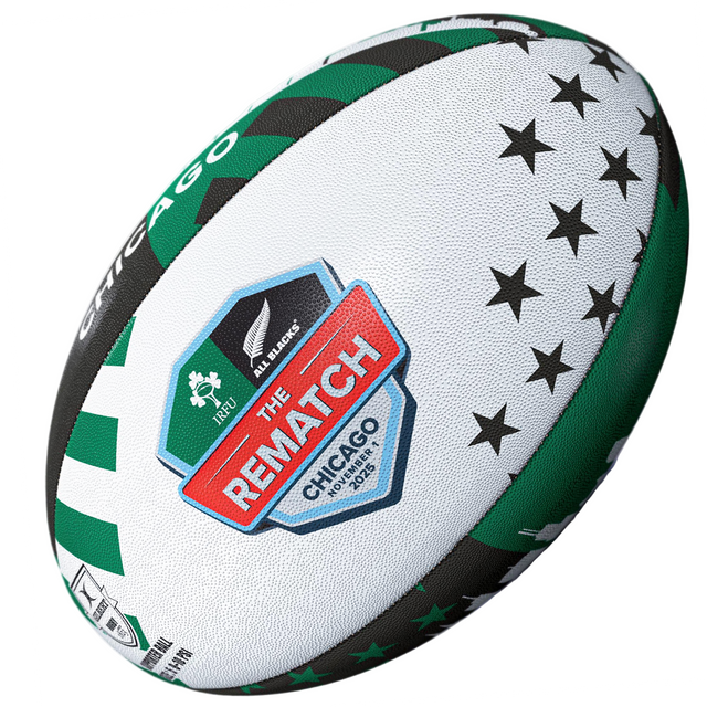 The Gilbert Ireland v All Blacks Chicago 2025 Supporters Ball features green, black, and white star patterns with IRFU and All Blacks emblems—celebrating the Chicago 2025 clash.