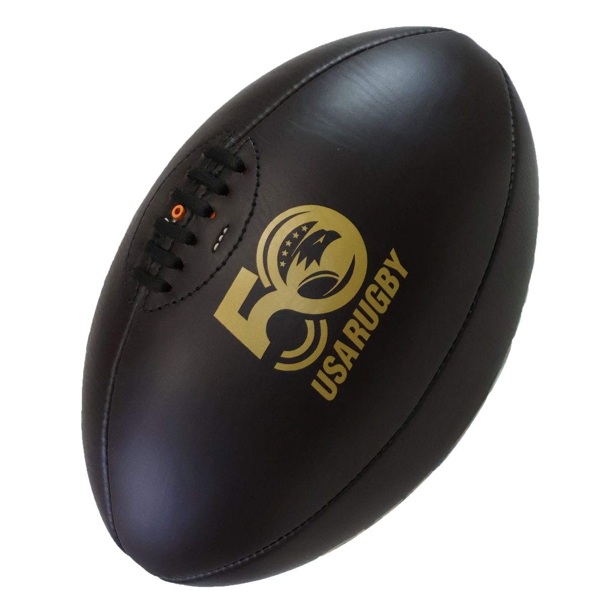 The Gilbert Limited Edition USA Rugby 50th Anniversary Vintage Leather Ball features a black design with "USA Rugby" and a gold "50" logo, inspired by classic leather rugby balls.