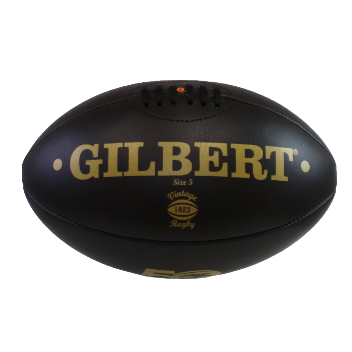 A black Gilbert Limited Edition USA Rugby 50th Anniversary Vintage Leather Ball, size 5, with gold logo and Vintage 1823 branding, is displayed on a plain white background.