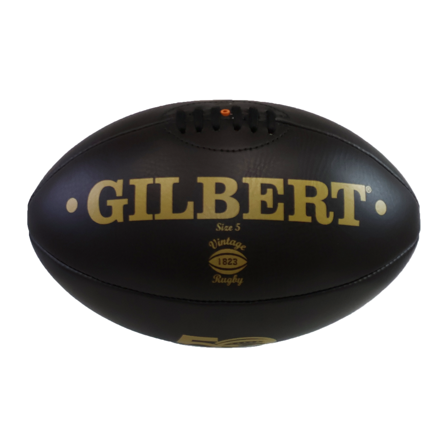 A black Gilbert Limited Edition USA Rugby 50th Anniversary Vintage Leather Ball, size 5, with gold logo and Vintage 1823 branding, is displayed on a plain white background.
