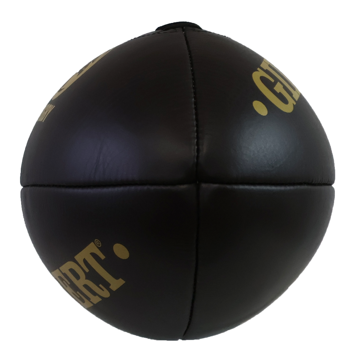 The Gilbert Limited Edition USA Rugby 50th Anniversary Vintage Leather Ball features visible stitched seams and gold lettering, showcasing classic Gilbert design in black leather against a white background.