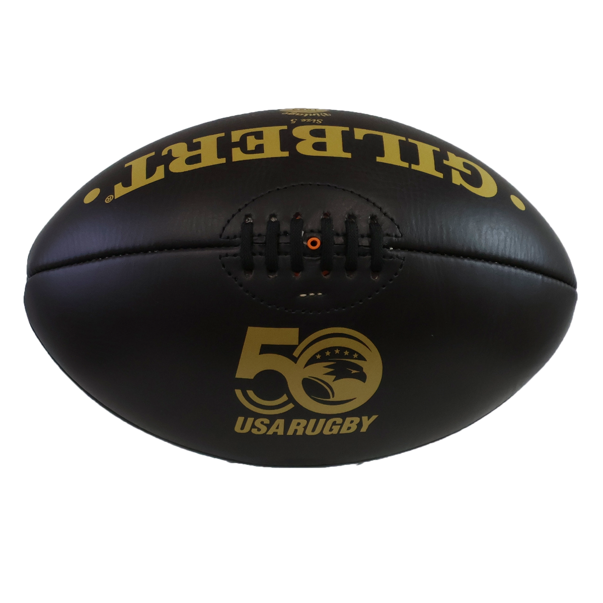 The Gilbert Limited Edition USA Rugby 50th Anniversary Vintage Leather Ball is a black rugby ball with gold lettering, featuring the "50 USARUGBY" logo—a stylish tribute from Gilbert to rugby heritage.