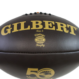 Close-up of the Gilbert Limited Edition USA Rugby 50th Anniversary Vintage Leather Ball, featuring "Size 5 Vintage 1823 Rugby" and "50" with a rugby ball logo, capturing its classic vintage style.
