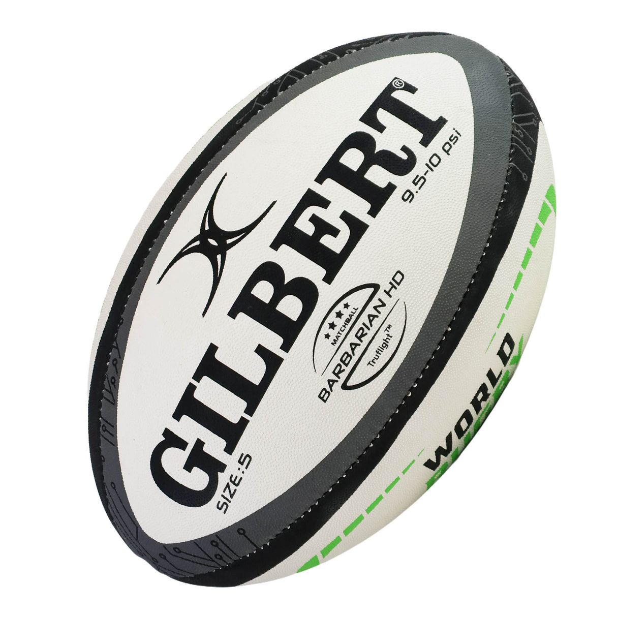 The Gilbert WRS Barbarian HD Match Ball is a white and black rugby ball featuring “BARBARIAN HD” branding, size 5, with a pressure range of 9.5-10 psi printed on the side—expertly crafted by Gilbert for durability and high-level play.