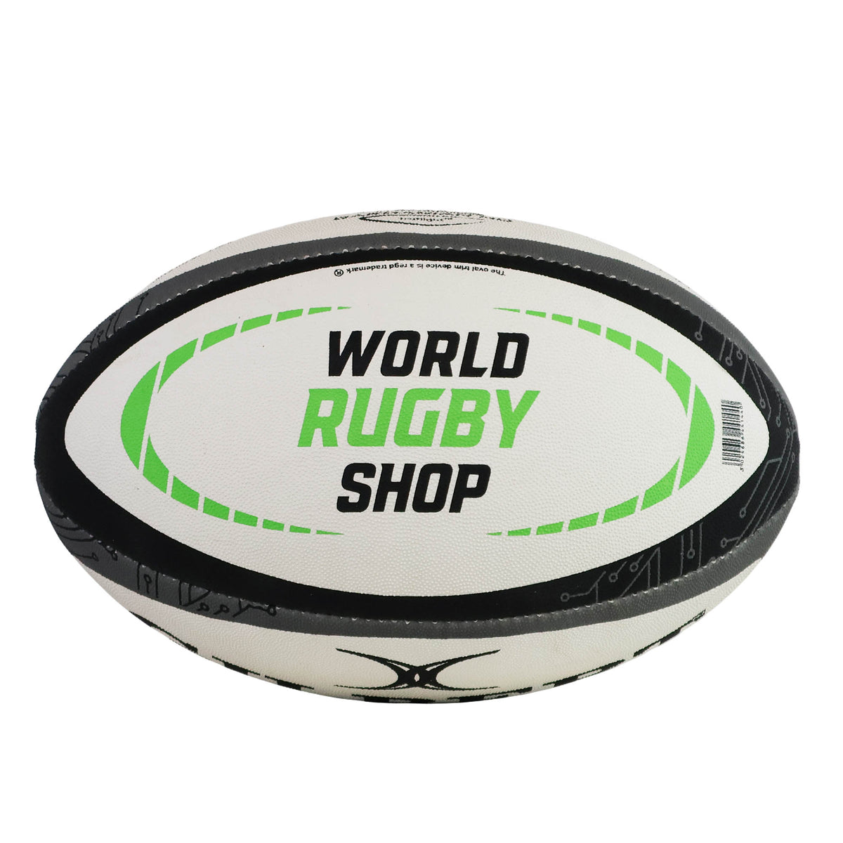 A durable Gilbert WRS Barbarian HD Match Ball by Gilbert features a white and black design with green accents and “WORLD RUGBY SHOP” printed on the main panel, making it ideal for intense play.