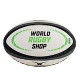 A durable Gilbert WRS Barbarian HD Match Ball by Gilbert features a white and black design with green accents and “WORLD RUGBY SHOP” printed on the main panel, making it ideal for intense play.