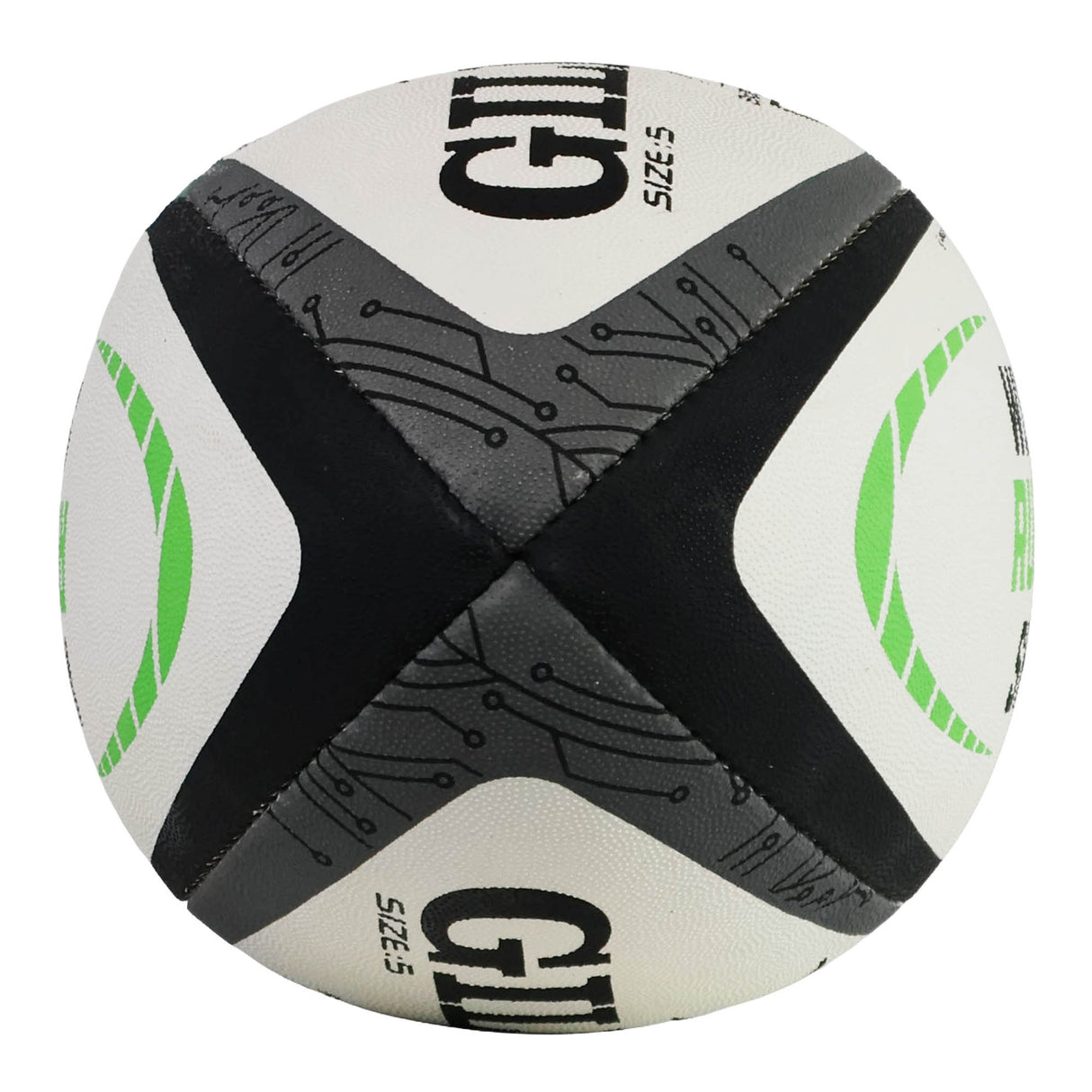 A Gilbert WRS Barbarian HD Match Ball by Gilbert, featuring a white and black design with green accents and circuit-inspired patterns, widely recognized for its durability, displayed against a plain white background.