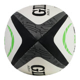 A Gilbert WRS Barbarian HD Match Ball by Gilbert, featuring a white and black design with green accents and circuit-inspired patterns, widely recognized for its durability, displayed against a plain white background.
