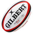 The MLR Match Ball by Gilbert is a white size 5 rugby ball with red and black accents, featuring the Major League Rugby logo—ideal as an official match ball.