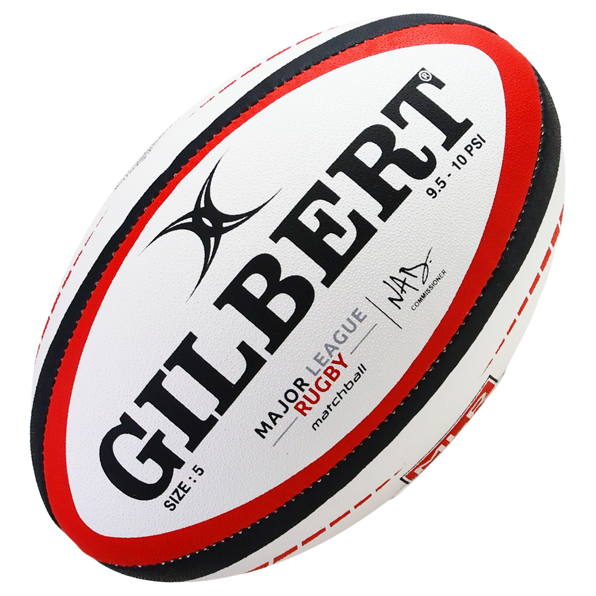 The MLR Match Ball by Gilbert is a white size 5 rugby ball with red and black accents, featuring the Major League Rugby logo—ideal as an official match ball.