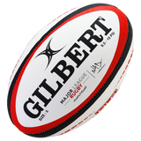 The MLR Match Ball by Gilbert is a white size 5 rugby ball with red and black accents, featuring the Major League Rugby logo—ideal as an official match ball.