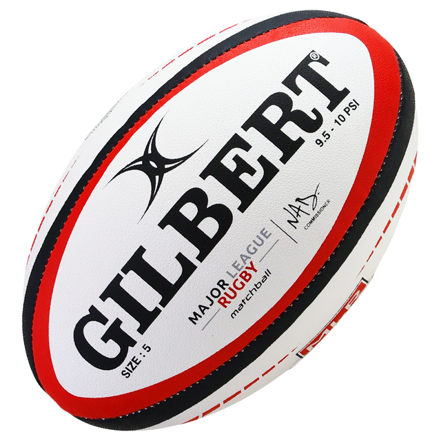 The MLR Match Ball by Gilbert is a white size 5 rugby ball with red and black accents, featuring the Major League Rugby logo—ideal as an official match ball.