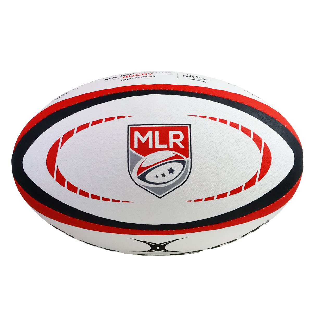 The Gilbert MLR Match Ball is a white rugby ball with red and black accents, featuring the Major League Rugby logo at its center—a replica of the official MLR match ball.