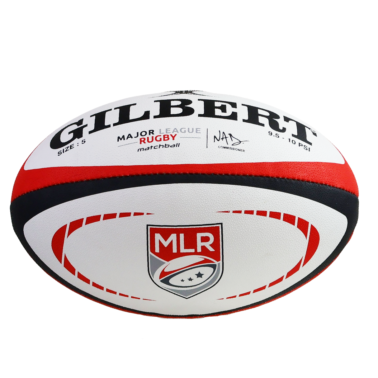 The MLR Match Ball by Gilbert, size 5, features bold red, white, and black colors with "Major League Rugby" branding—this official Gilbert match ball stands out against a plain background.