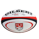 The MLR Match Ball by Gilbert, size 5, features bold red, white, and black colors with "Major League Rugby" branding—this official Gilbert match ball stands out against a plain background.